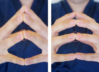  _「指先」と「指の先端部」の違い 左写真Bが両手の「指先」を合わせたとき。右写真Cは「指の先端部」を合わせたとき。位置がほんの少しずれただけで指の曲がり方が変わってくる。「こうしたささやかに見える変化がカラダの安定感に影響してくるのです」(陽紀先生)